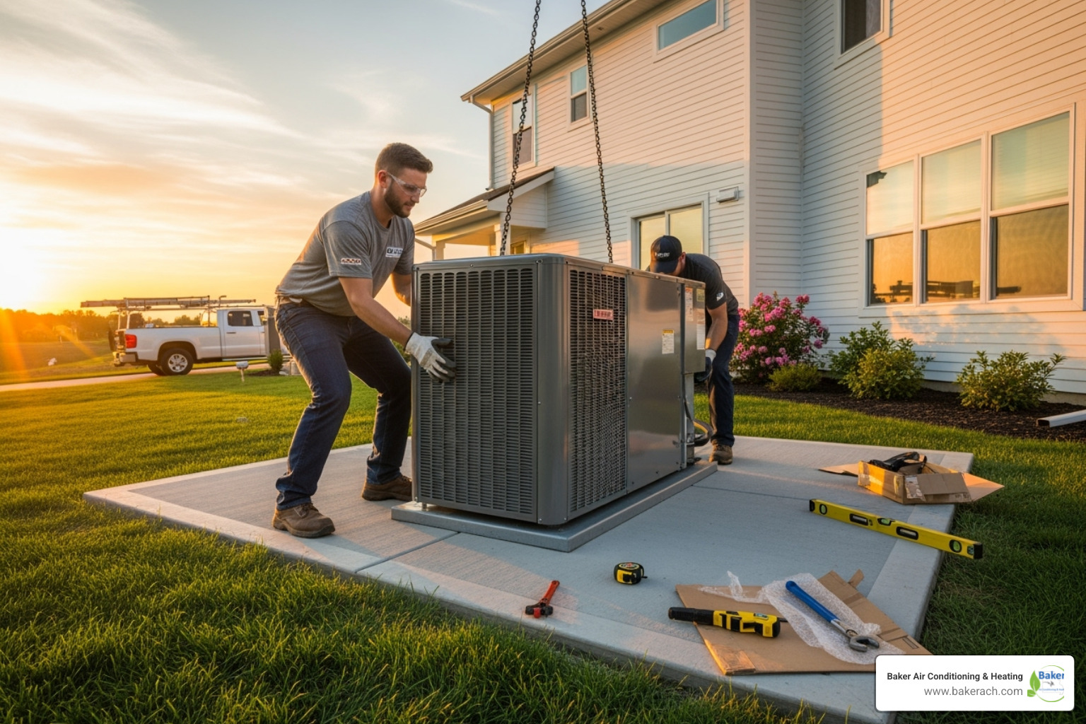outdoor condenser unit being carefully placed on a new pad - ac installation sunrise beach mo