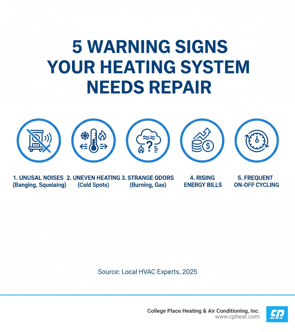 Infographic showing the top 5 warning signs your heating system needs repair: unusual noises like banging or squealing, uneven heating with cold spots in rooms, strange odors including burning or gas smells, rising energy bills without increased usage, and frequent on-off cycling of the system - residential heating repair milton freewater or infographic 