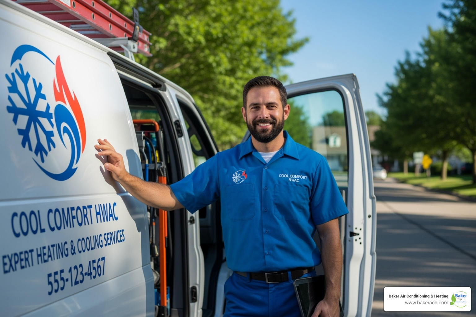 Friendly technician next to company van - daikin air conditioning install sunrise beach Friendly technician next to company van - daikin air conditioning install sunrise beach