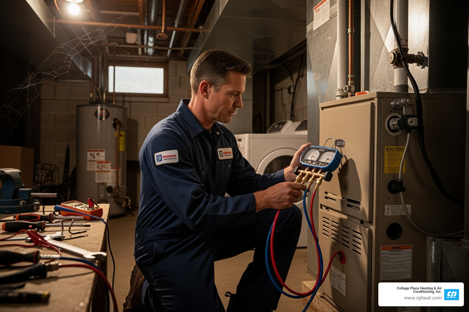 Image of a professional technician safely inspecting a furnace - residential heating repair milton freewater or