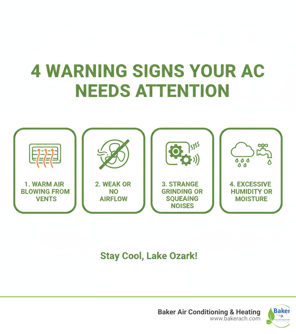 Infographic showing four warning signs your AC needs attention: warm air blowing from vents, weak or no airflow, strange grinding or squealing noises, and excessive humidity or moisture in the home - ac troubleshooting lake ozark infographic Infographic showing four warning signs your AC needs attention: warm air blowing from vents, weak or no airflow, strange grinding or squealing noises, and excessive humidity or moisture in the home - ac troubleshooting lake ozark infographic