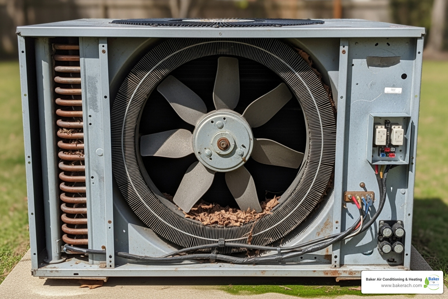 An outdoor AC unit with its cover removed, showing the internal coils and fan - ac troubleshooting lake ozark An outdoor AC unit with its cover removed, showing the internal coils and fan - ac troubleshooting lake ozark