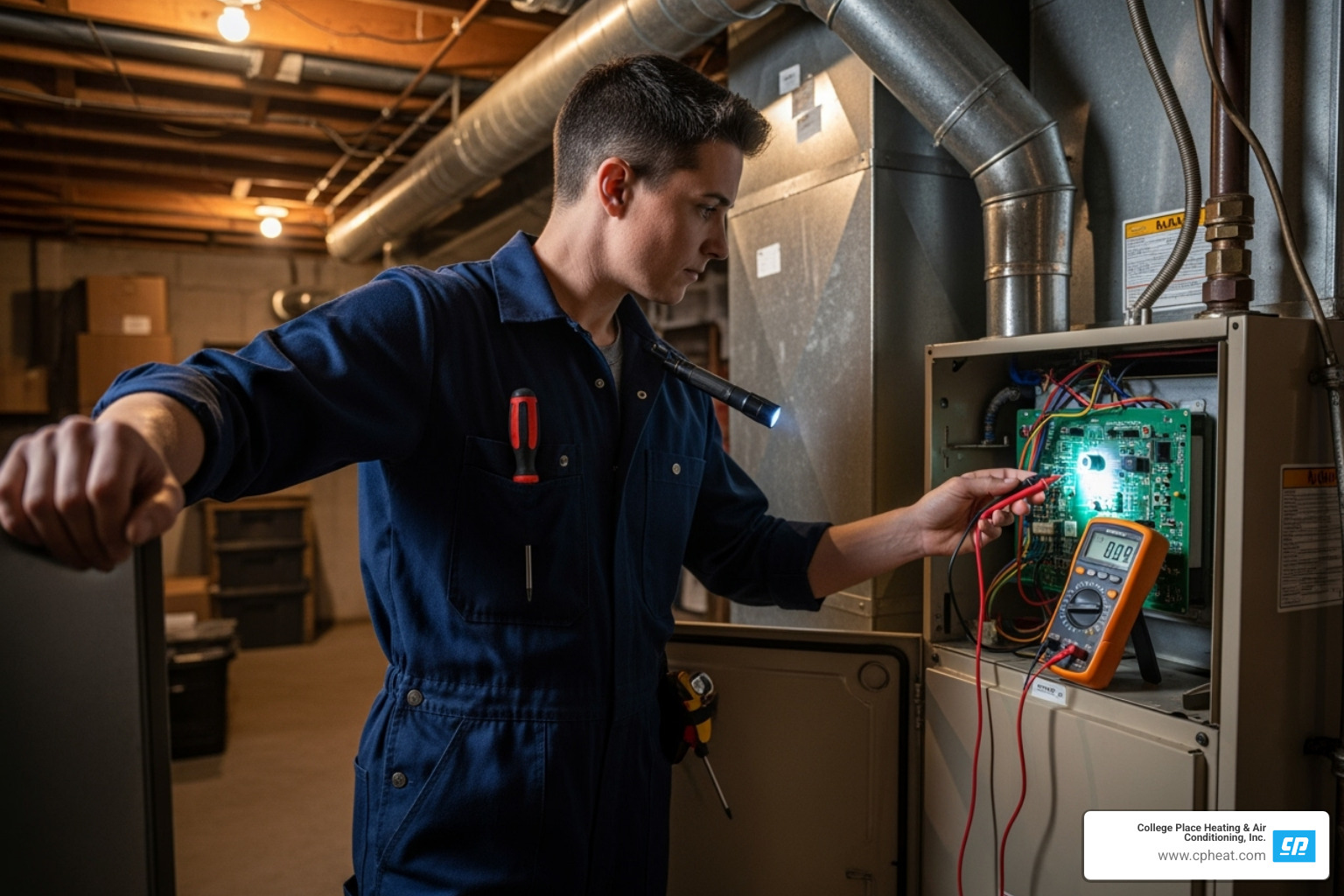 HVAC technician inspecting furnace - furnace maintenance walla walla wa
