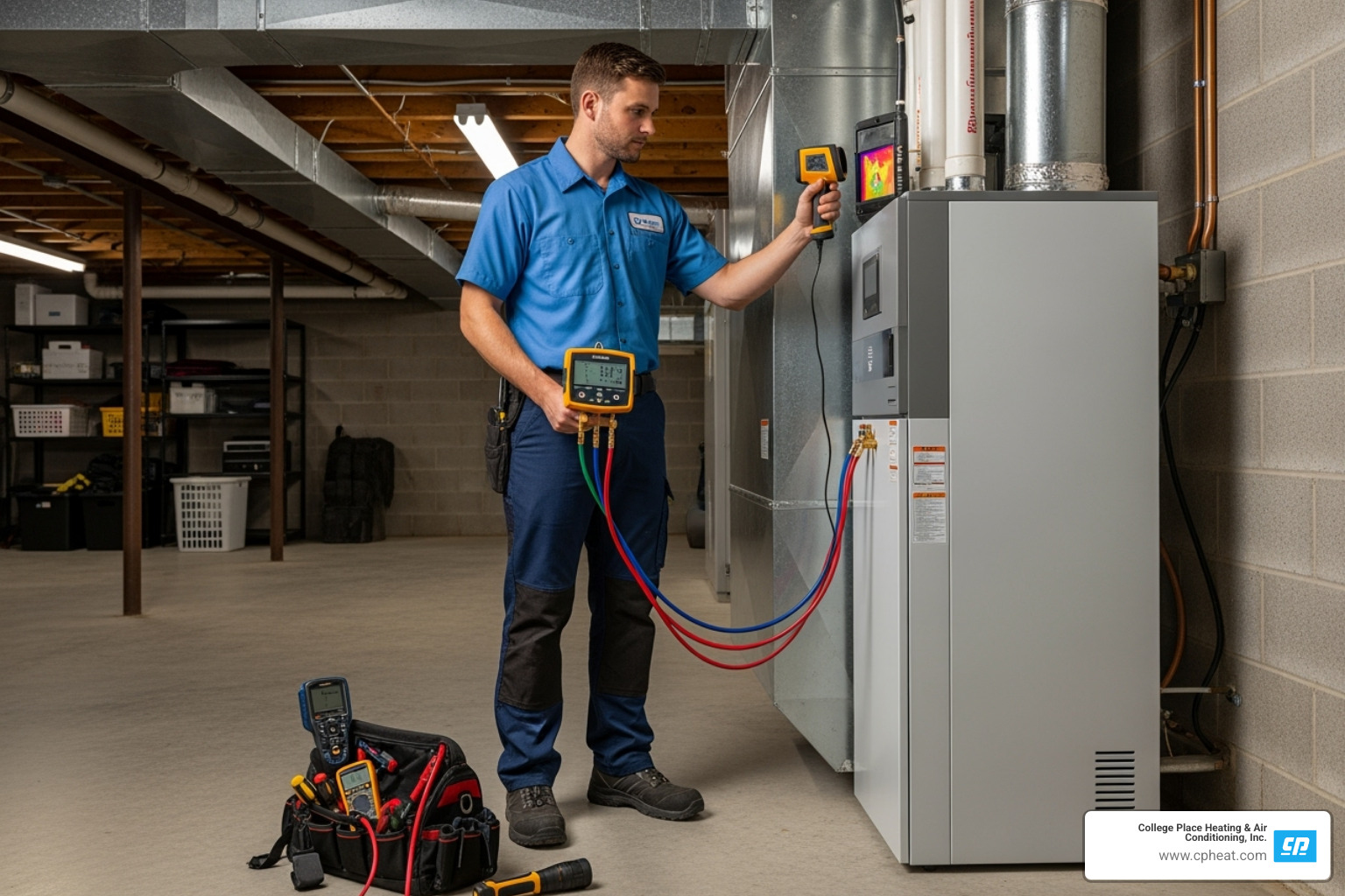 technician using diagnostic tools on a geothermal unit - geothermal heating repair college place wa