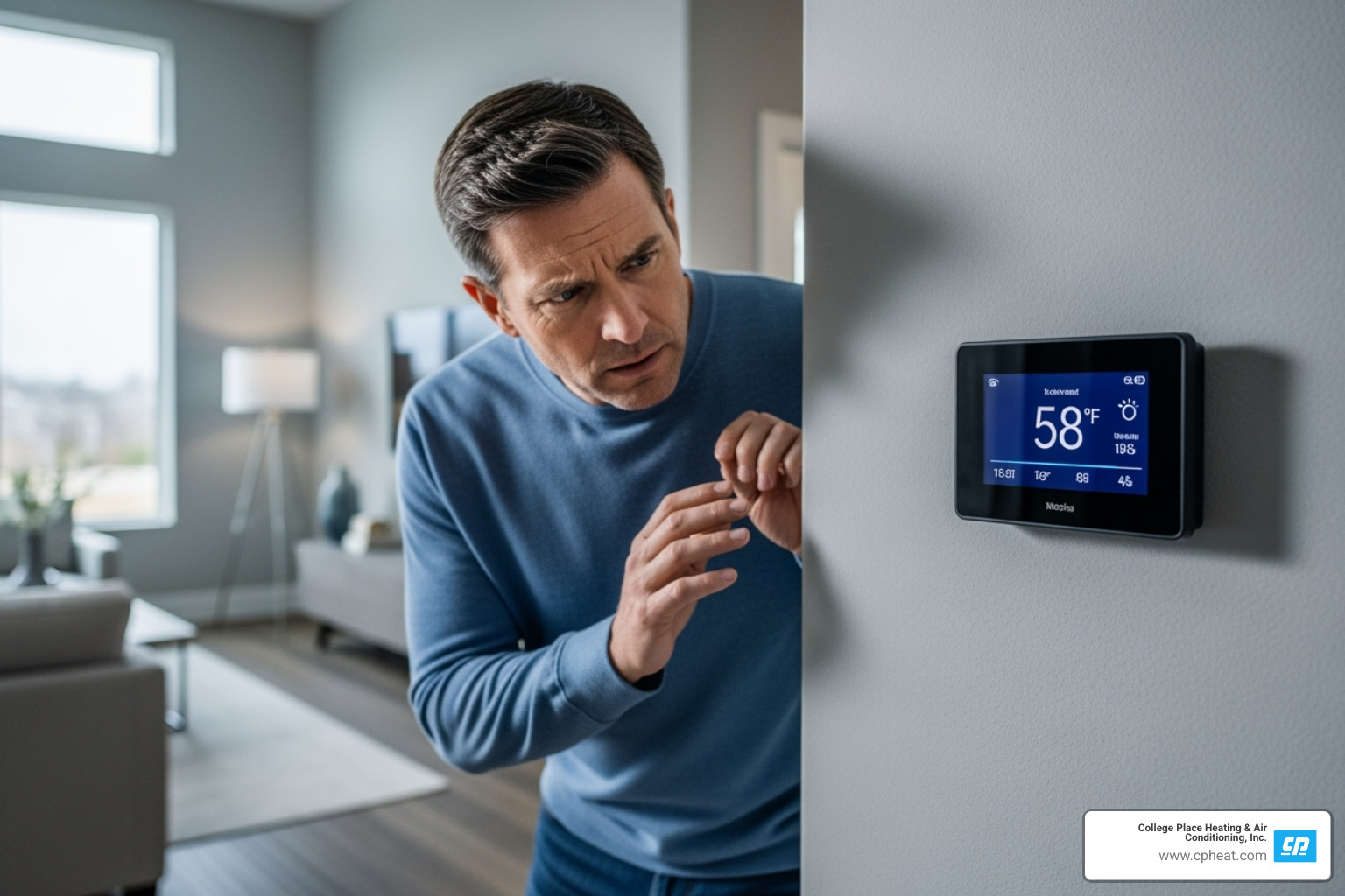 homeowner looking concerned at their thermostat - geothermal heating repair college place wa