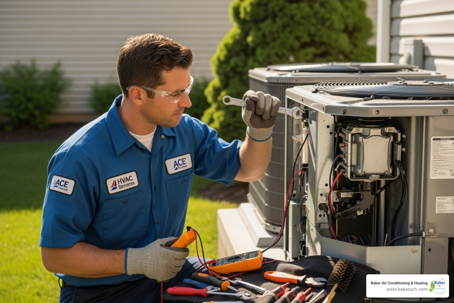 A professional HVAC technician wearing a company uniform is diligently working on the outdoor unit of an air conditioner, using tools and focusing on the task - ac troubleshooting lake ozark A professional HVAC technician wearing a company uniform is diligently working on the outdoor unit of an air conditioner, using tools and focusing on the task - ac troubleshooting lake ozark
