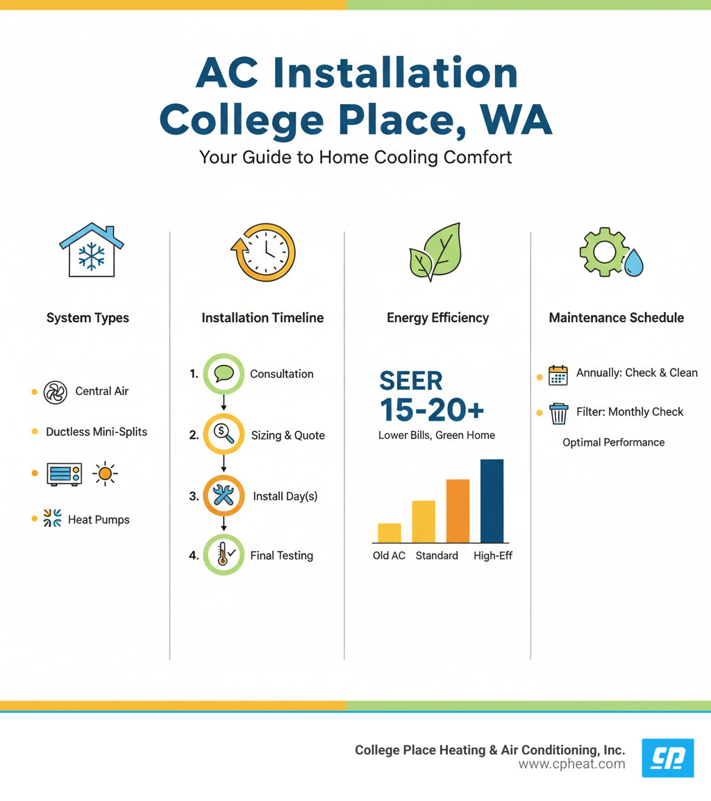 Comprehensive infographic showing the AC installation process in College Place WA, including system types (central air, ductless mini-splits, heat pumps), installation timeline from consultation to final testing, energy efficiency benefits with SEER ratings, and maintenance schedule for optimal performance - ac installation college place wa infographic 