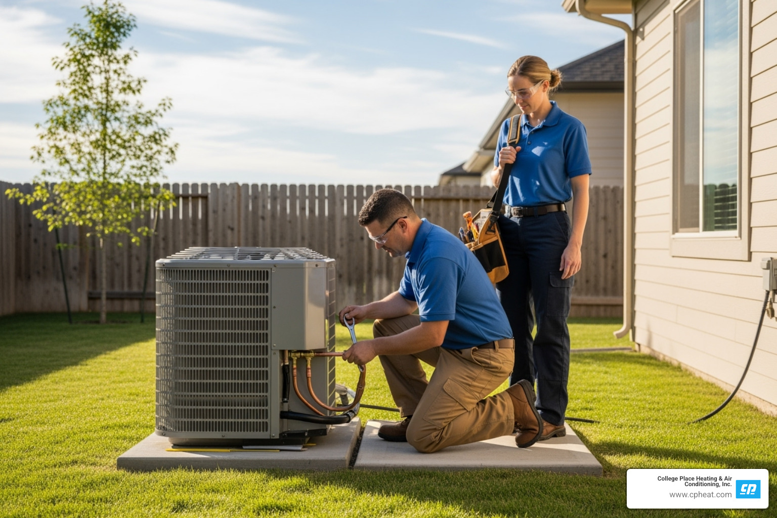 technicians professionally installing an outdoor condenser unit - ac installation college place wa