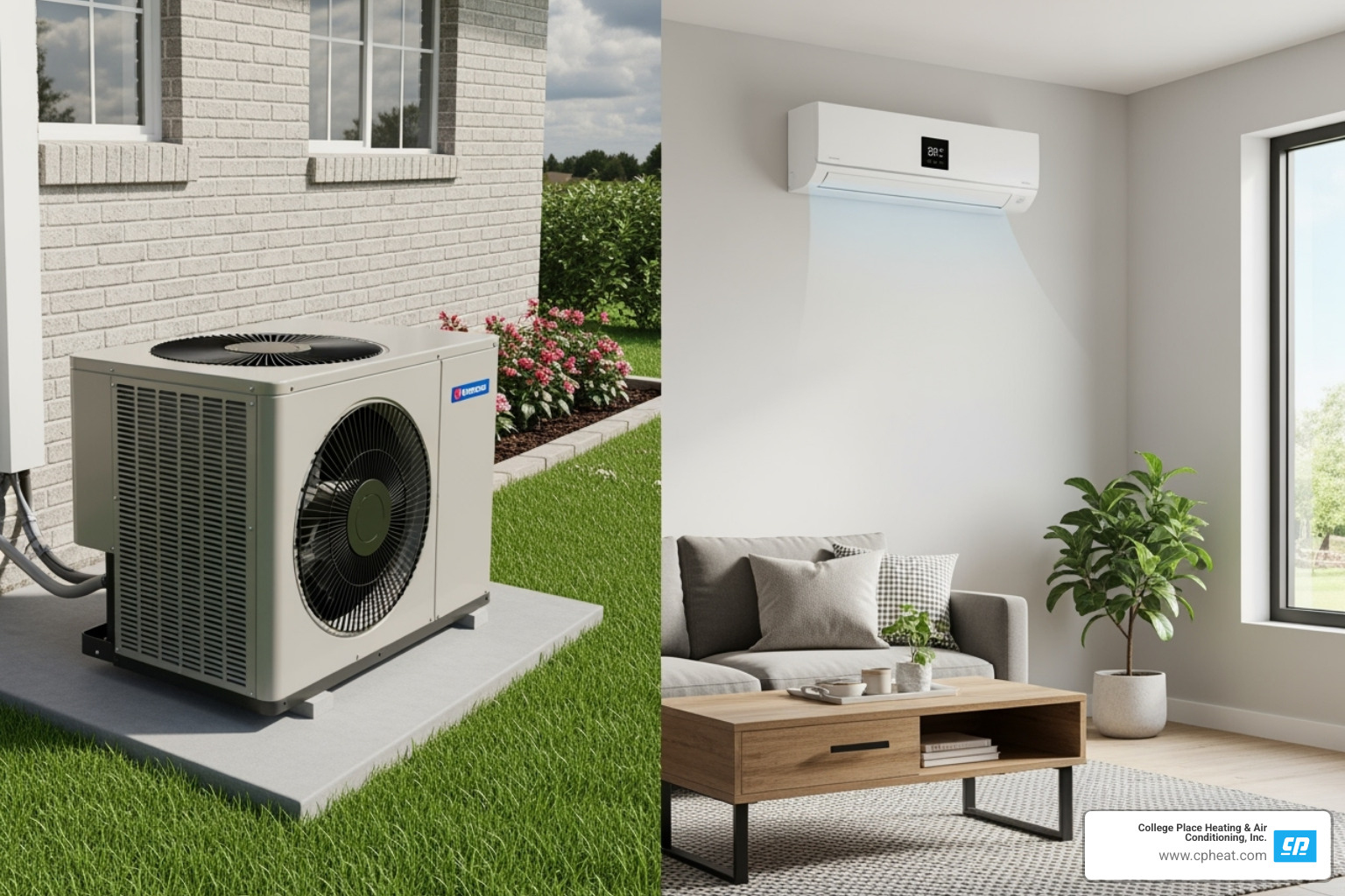 split view of a central AC unit and a ductless mini-split unit - ac installation college place wa