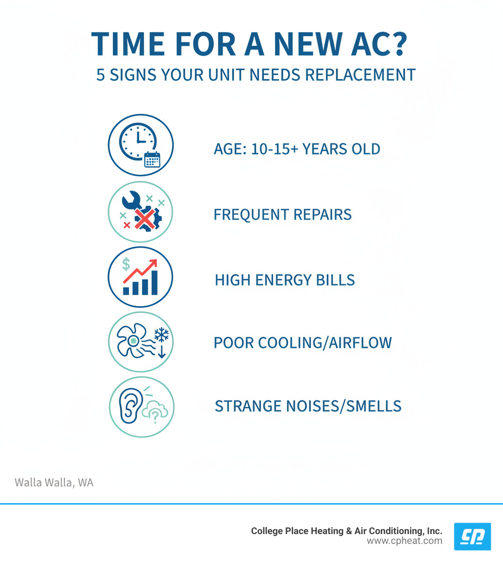 Infographic showing the top 5 signs your AC needs replacement: 1) Age 10-15 years or older, 2) Frequent repairs needed, 3) High energy bills despite normal usage, 4) Poor airflow or reduced cooling performance, 5) Strange noises or unusual smells coming from the unit - ac installation experts walla walla wa infographic Infographic showing the top 5 signs your AC needs replacement: 1) Age 10-15 years or older, 2) Frequent repairs needed, 3) High energy bills despite normal usage, 4) Poor airflow or reduced cooling performance, 5) Strange noises or unusual smells coming from the unit - ac installation experts walla walla wa infographic
