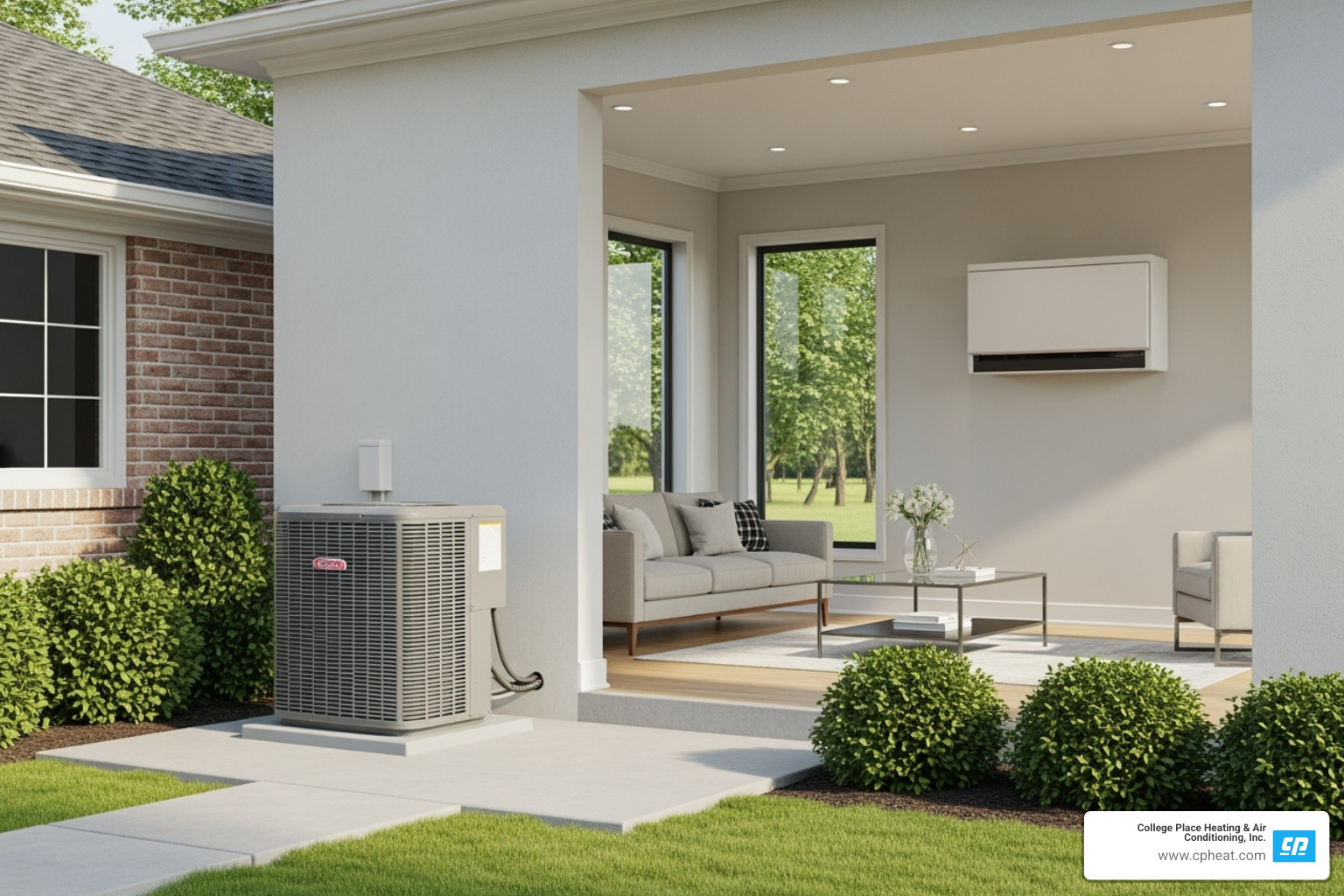Central AC unit outside a home and a ductless mini-split unit on an interior wall - ac installation experts walla walla wa Central AC unit outside a home and a ductless mini-split unit on an interior wall - ac installation experts walla walla wa