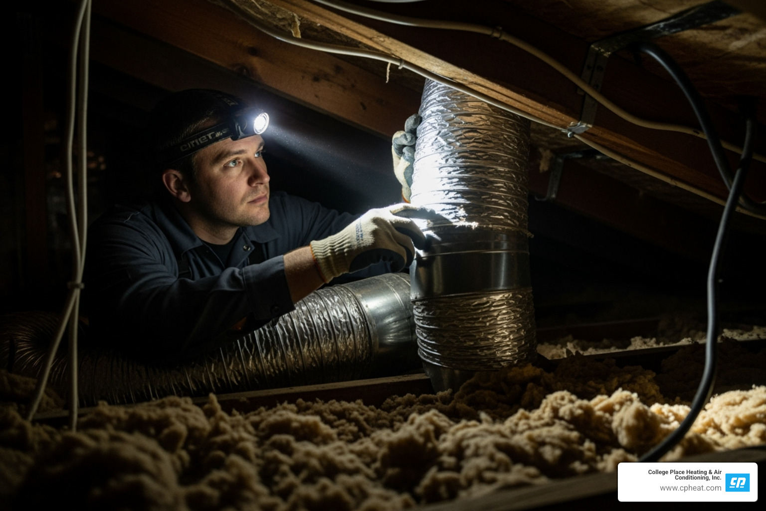 Certified technician carefully inspecting ductwork in an attic - ac installation experts walla walla wa Certified technician carefully inspecting ductwork in an attic - ac installation experts walla walla wa