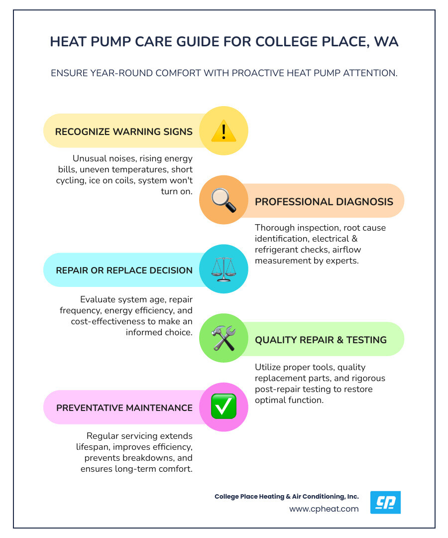 Detailed infographic showing heat pump repair process in College Place WA including common warning signs like unusual noises and high energy bills, professional diagnostic steps, repair vs replacement decision criteria, and maintenance benefits - heat pump repair college place wa infographic infographic-line-5-steps-colors