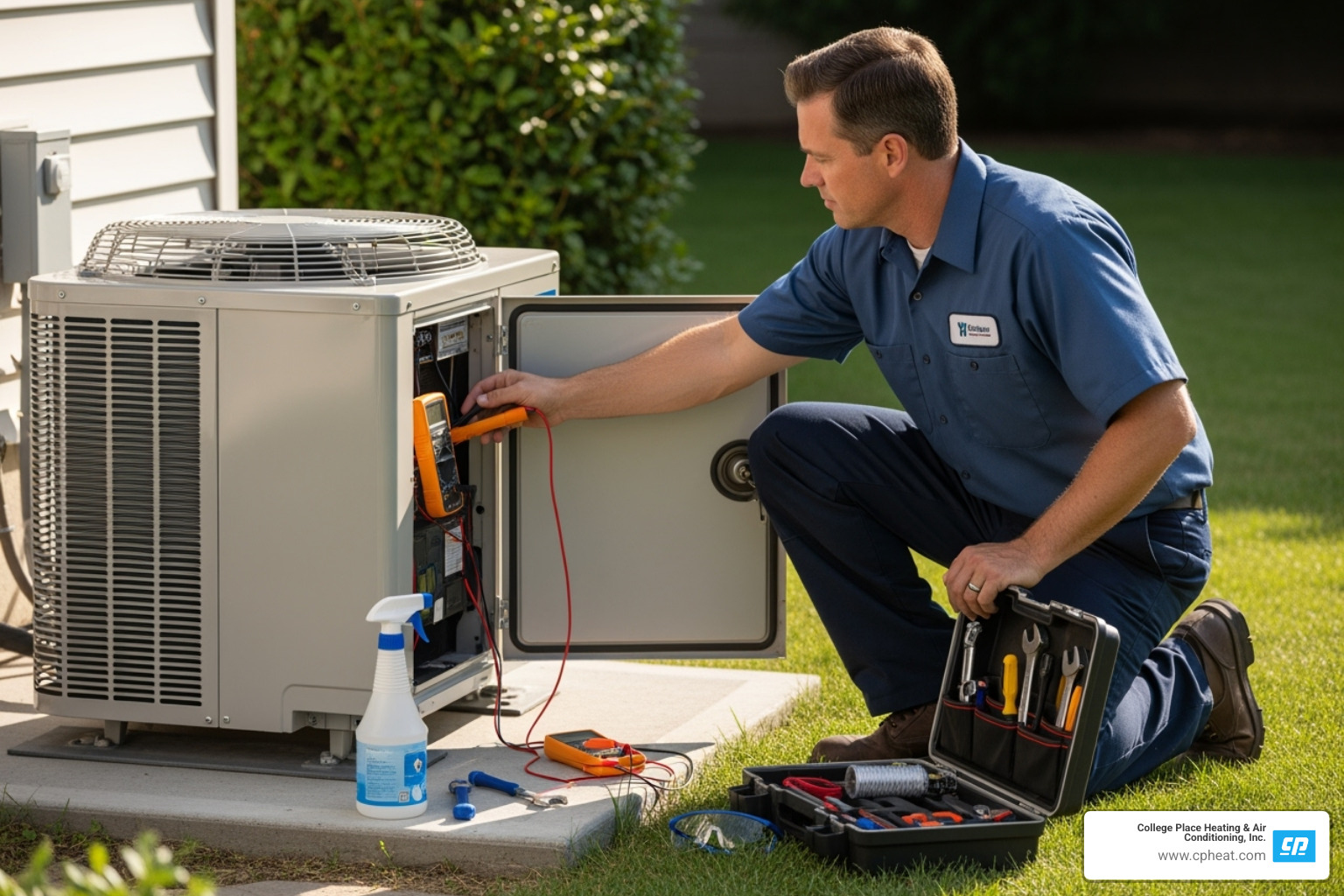 of a technician performing maintenance on a heat pump - heat pump repair college place wa