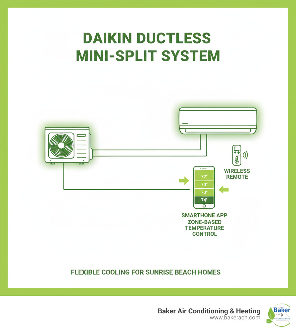 Infographic showing Daikin ductless mini-split system components: outdoor condensing unit connected via refrigerant lines to indoor air handling unit, with wireless remote control and smartphone app integration for zone-based temperature control - daikin ductless ac sunrise beach infographic 