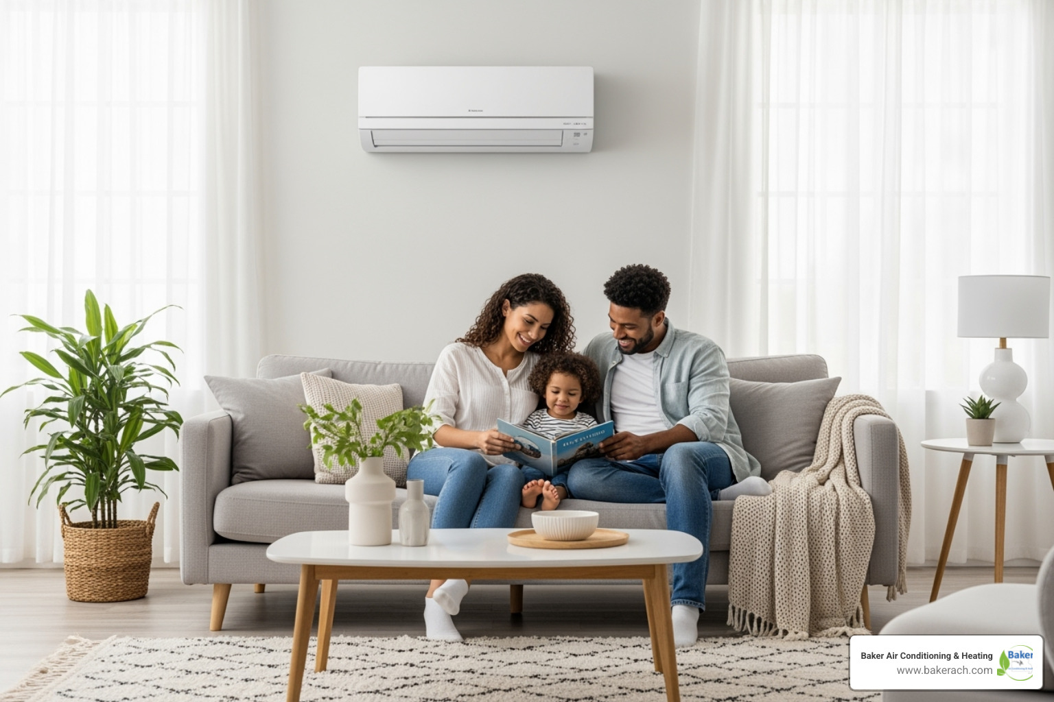 Image of a happy family relaxing in a comfortable, cool living room, with a subtle Daikin indoor unit in the background. - daikin ductless ac sunrise beach