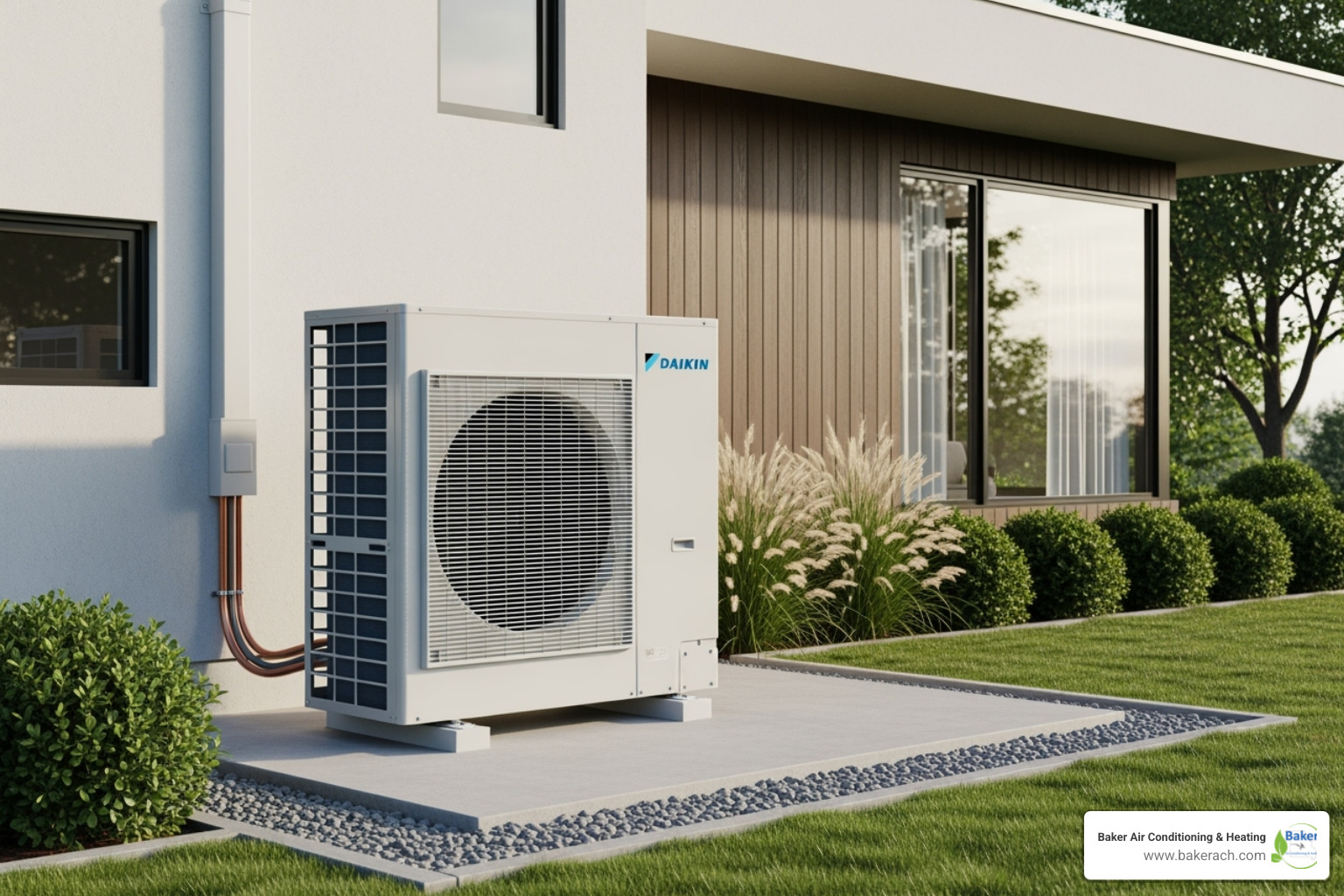 A professionally installed Daikin outdoor unit, clean and discreet, positioned beside a modern home with well-maintained landscaping. - daikin ductless ac sunrise beach