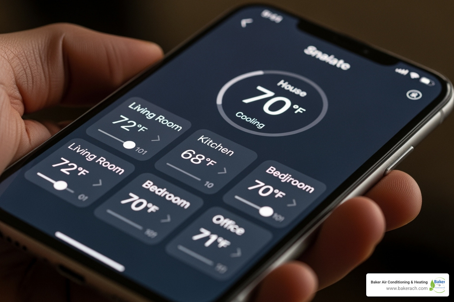 A smartphone displaying the Daikin One+ smart thermostat app interface, showing temperature zones for different rooms in a house, with controls for adjusting each zone individually. - daikin ductless ac sunrise beach
