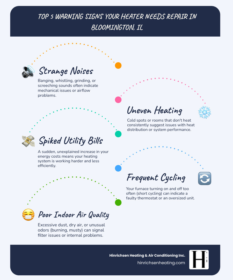Infographic showing the top 5 warning signs your heating system needs repair in Bloomington IL: unusual noises from the unit, uneven heating or cold spots in rooms, sudden increases in utility bills, frequent on-off cycling of the system, and poor indoor air quality or strange odors - heating repair bloomington il infographic infographic-line-5-steps-blues-accent_colors Infographic showing the top 5 warning signs your heating system needs repair in Bloomington IL: unusual noises from the unit, uneven heating or cold spots in rooms, sudden increases in utility bills, frequent on-off cycling of the system, and poor indoor air quality or strange odors - heating repair bloomington il infographic infographic-line-5-steps-blues-accent_colors