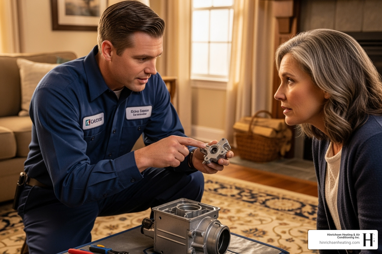 technician explaining a part to a homeowner - heating repair bloomington il technician explaining a part to a homeowner - heating repair bloomington il