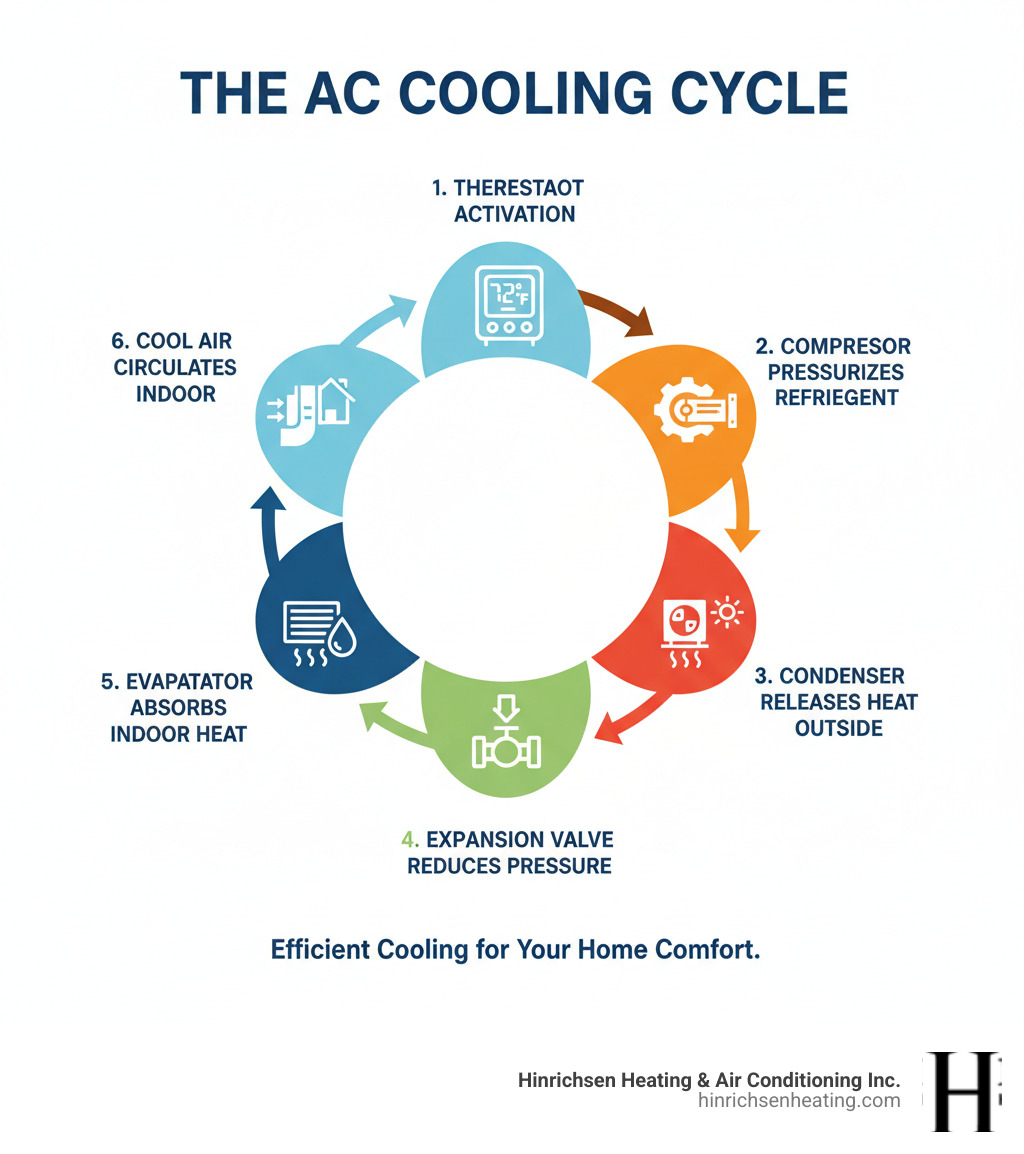 Detailed infographic showing the complete air conditioning cooling cycle, starting with thermostat activation, compressor pressurizing refrigerant, condenser releasing heat outside, expansion valve reducing pressure, evaporator absorbing indoor heat, and cool air circulating back through ducts to complete the cycle - ac compressor repair peoria il infographic  Detailed infographic showing the complete air conditioning cooling cycle, starting with thermostat activation, compressor pressurizing refrigerant, condenser releasing heat outside, expansion valve reducing pressure, evaporator absorbing indoor heat, and cool air circulating back through ducts to complete the cycle - ac compressor repair peoria il infographic