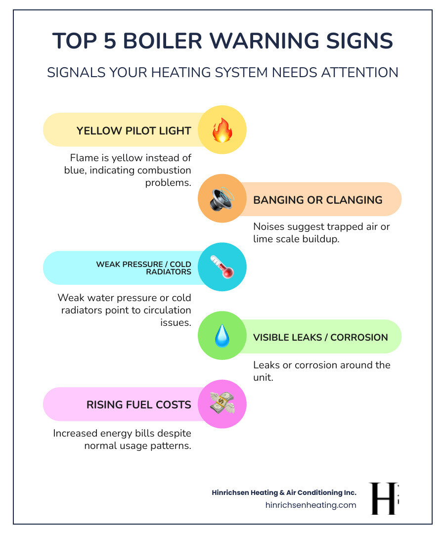 Infographic showing the top 5 warning signs that indicate a boiler needs professional repair: yellow pilot light flame instead of blue indicating combustion problems, banging or clanging noises suggesting trapped air or lime scale buildup, weak water pressure or cold radiators pointing to circulation issues, visible leaks or corrosion around the unit, and rising fuel costs despite normal usage patterns - boiler repair peoria il infographic infographic-line-5-steps-colors Infographic showing the top 5 warning signs that indicate a boiler needs professional repair: yellow pilot light flame instead of blue indicating combustion problems, banging or clanging noises suggesting trapped air or lime scale buildup, weak water pressure or cold radiators pointing to circulation issues, visible leaks or corrosion around the unit, and rising fuel costs despite normal usage patterns - boiler repair peoria il infographic infographic-line-5-steps-colors