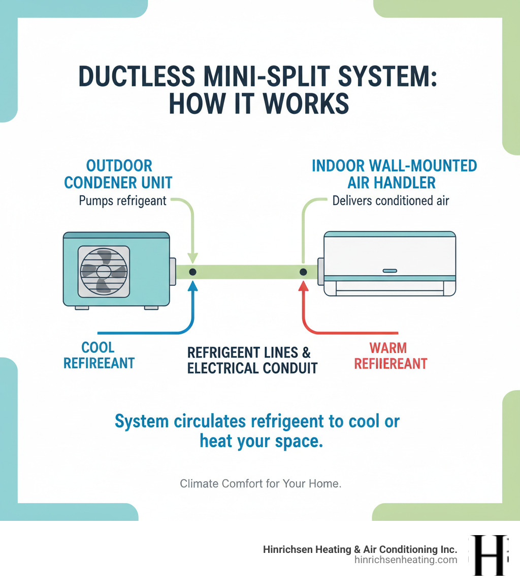 Infographic showing ductless mini-split system components: outdoor condenser unit connected to indoor wall-mounted air handler via refrigerant lines and electrical conduit, with labels for each major component and brief explanation of how refrigerant flows between units - ductless ac repair bloomington il infographic Infographic showing ductless mini-split system components: outdoor condenser unit connected to indoor wall-mounted air handler via refrigerant lines and electrical conduit, with labels for each major component and brief explanation of how refrigerant flows between units - ductless ac repair bloomington il infographic
