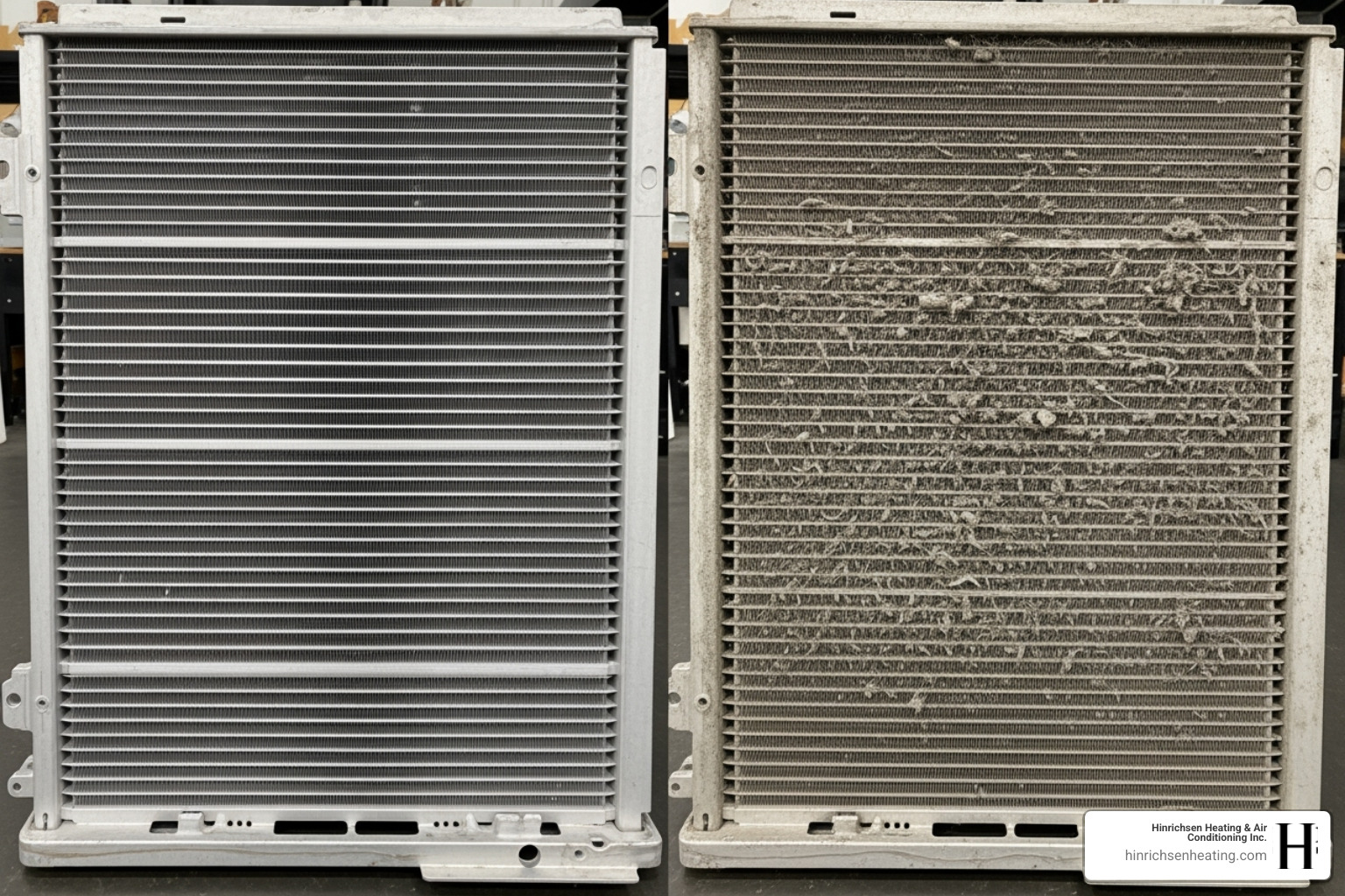 Image comparing a clean AC coil to a dirty, clogged one - ac compressor repair peoria il Image comparing a clean AC coil to a dirty, clogged one - ac compressor repair peoria il
