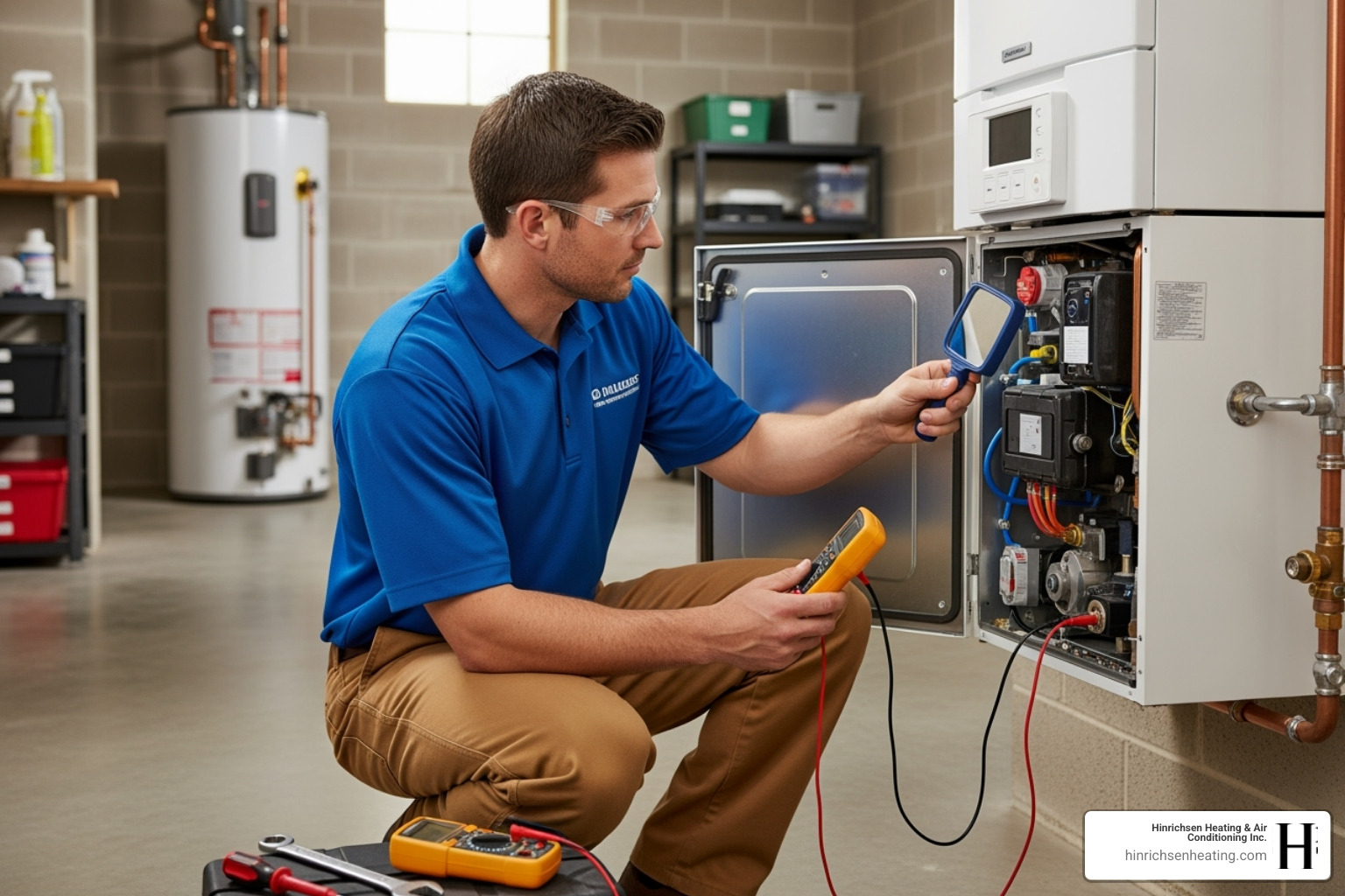 Technician carefully inspecting the internal components of a boiler system - boiler repair peoria il Technician carefully inspecting the internal components of a boiler system - boiler repair peoria il