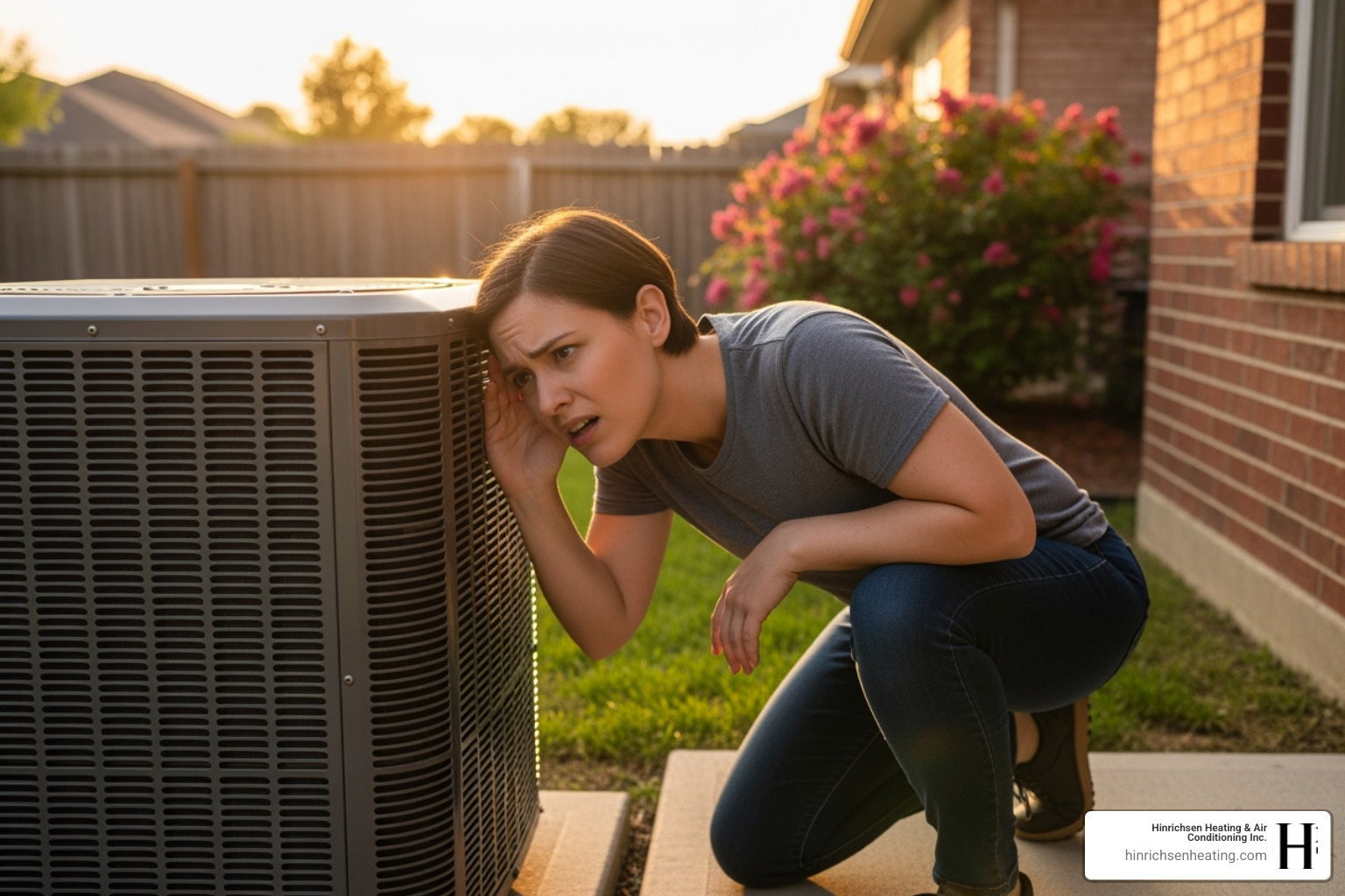 Person cautiously listening to a noisy outdoor AC unit - ac compressor repair peoria il Person cautiously listening to a noisy outdoor AC unit - ac compressor repair peoria il