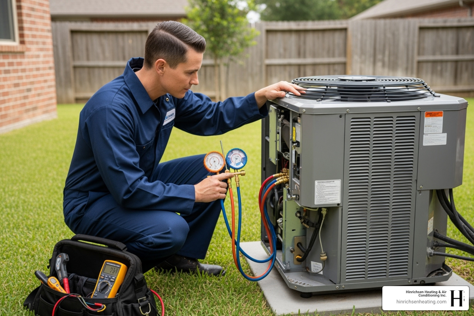 Professional technician using diagnostic tools on an AC unit - ac compressor repair peoria il Professional technician using diagnostic tools on an AC unit - ac compressor repair peoria il