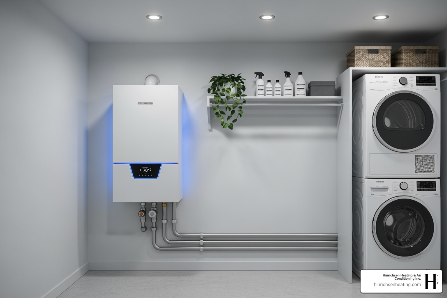 Sleek, modern high-efficiency boiler unit installed in a utility room - boiler repair peoria il Sleek, modern high-efficiency boiler unit installed in a utility room - boiler repair peoria il