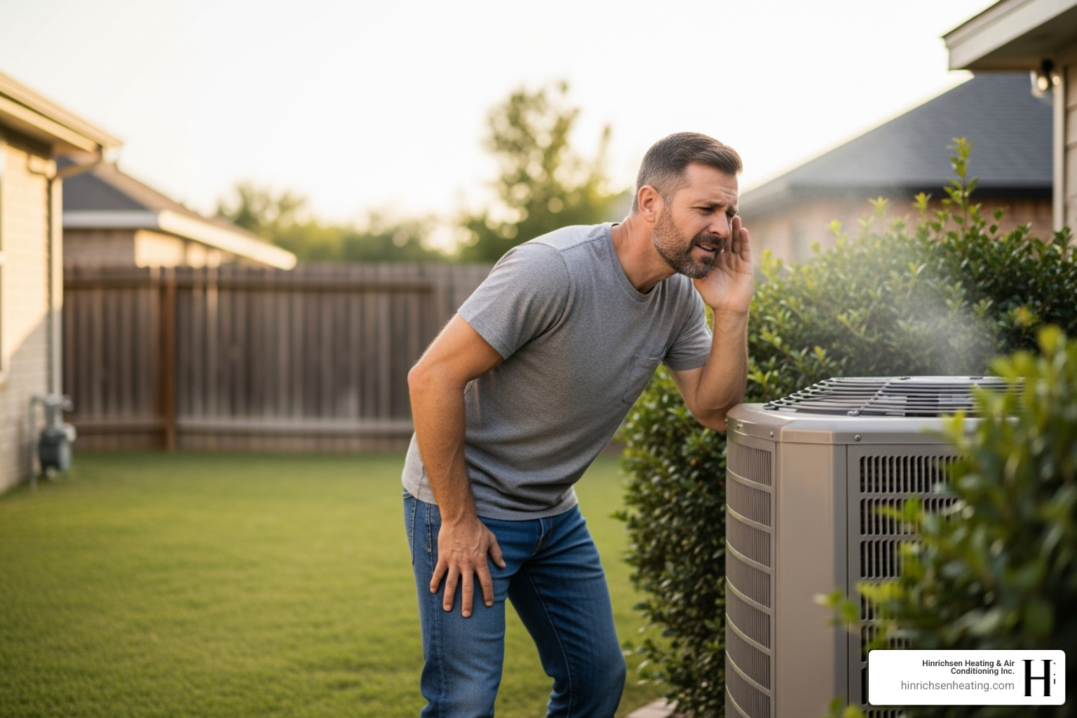 A homeowner listening to a noisy HVAC unit with a concerned expression. - annual hvac checkup bloomington il A homeowner listening to a noisy HVAC unit with a concerned expression. - annual hvac checkup bloomington il