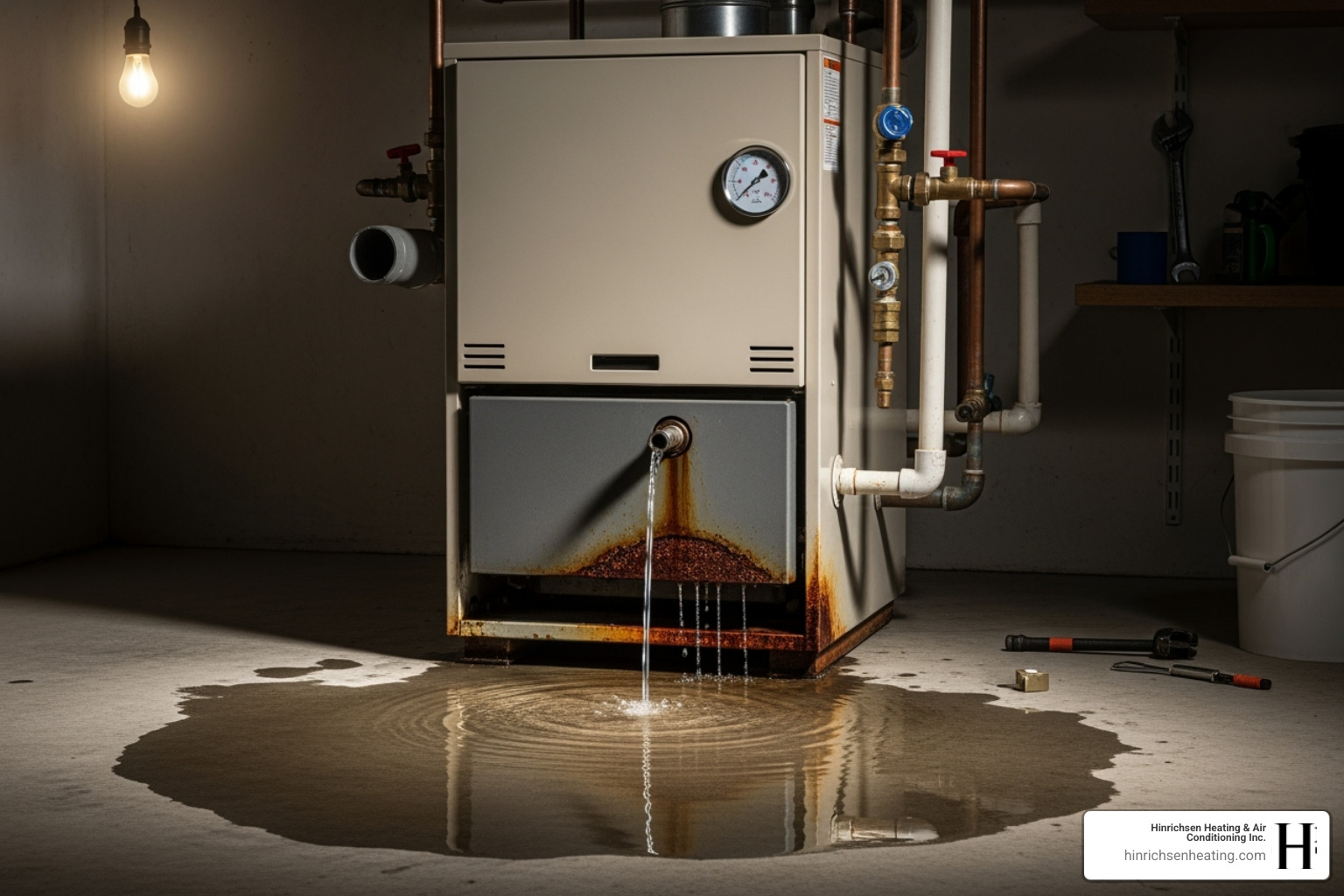 Boiler with visible water leak on the floor - boiler repair peoria il Boiler with visible water leak on the floor - boiler repair peoria il