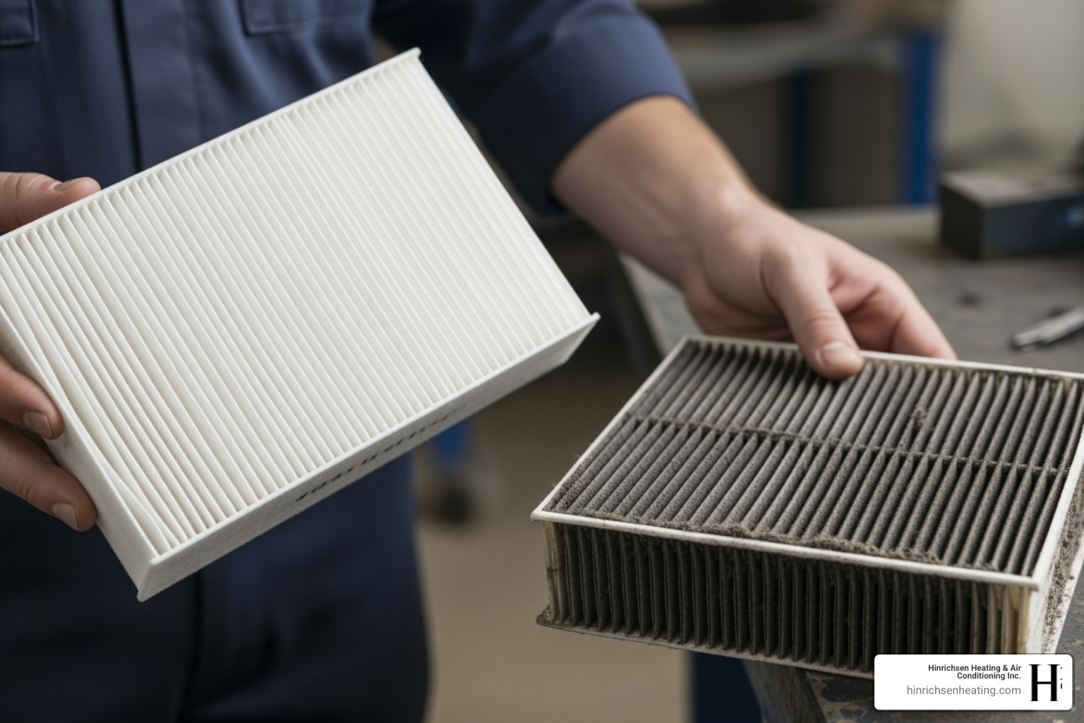 Technician's hands showing a clean air filter next to a dirty, clogged one. - annual hvac checkup bloomington il Technician's hands showing a clean air filter next to a dirty, clogged one. - annual hvac checkup bloomington il