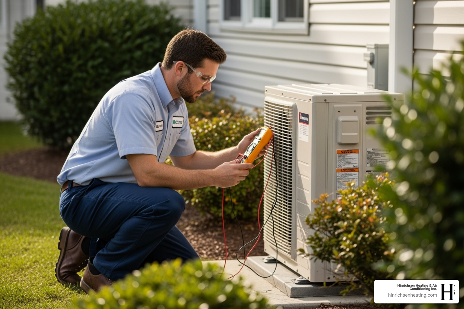 technician inspecting an outdoor ductless condenser unit - ductless ac repair bloomington il technician inspecting an outdoor ductless condenser unit - ductless ac repair bloomington il