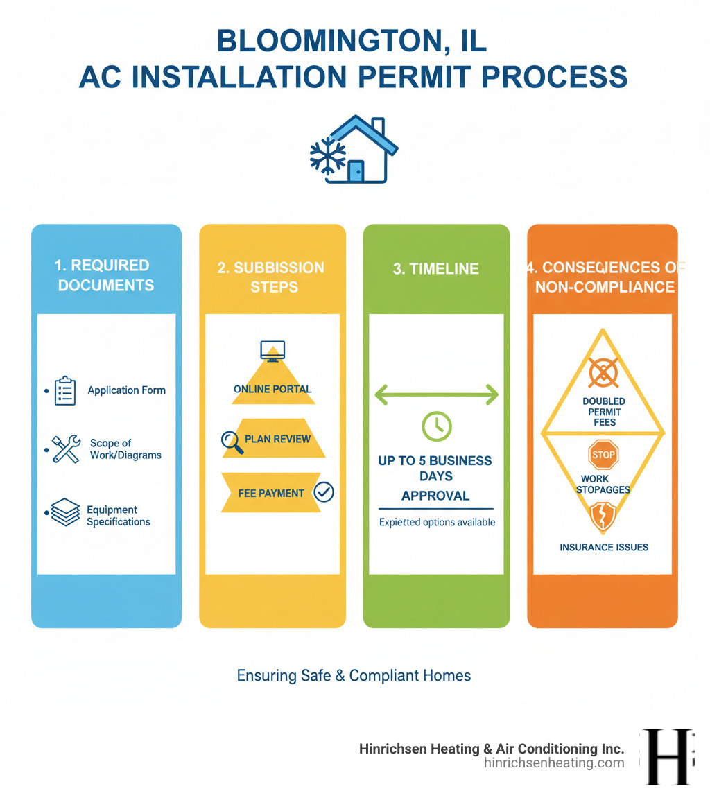 Detailed infographic showing the AC installation permit process in Bloomington IL, including required documents, submission steps, timeline, and consequences of non-compliance - ac installation permit service bloomington il infographic  Detailed infographic showing the AC installation permit process in Bloomington IL, including required documents, submission steps, timeline, and consequences of non-compliance - ac installation permit service bloomington il infographic