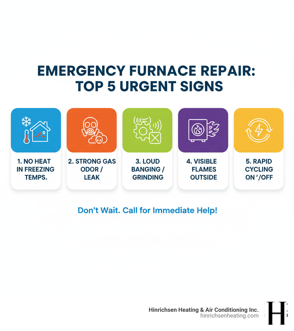 Comprehensive infographic showing the top 5 signs requiring emergency furnace repair: complete loss of heat with outdoor temperatures below freezing, strong gas odors indicating potential leaks, loud mechanical noises like banging or grinding, visible flames outside the combustion chamber, and rapid cycling on and off every few minutes, each illustrated with clear icons and brief explanatory text - emergency furnace repair goodfield il infographic  Comprehensive infographic showing the top 5 signs requiring emergency furnace repair: complete loss of heat with outdoor temperatures below freezing, strong gas odors indicating potential leaks, loud mechanical noises like banging or grinding, visible flames outside the combustion chamber, and rapid cycling on and off every few minutes, each illustrated with clear icons and brief explanatory text - emergency furnace repair goodfield il infographic