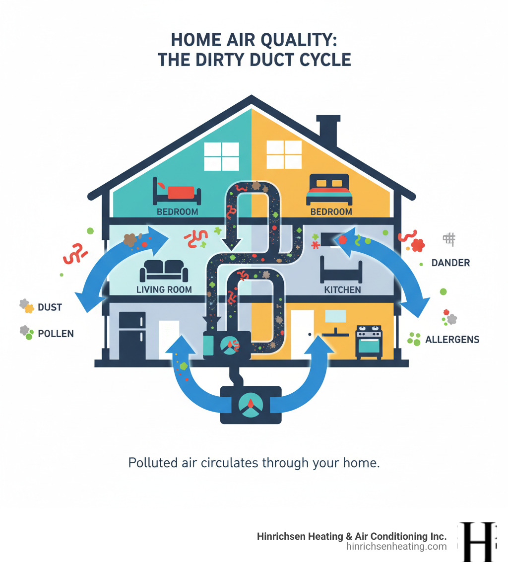 Infographic showing cross-section of home with dirty ducts circulating dust, pet dander, pollen and allergens through living spaces, bedroom, and kitchen via HVAC system, with arrows indicating air flow and particles being distributed throughout the house - duct cleaning service peoria il infographic  Infographic showing cross-section of home with dirty ducts circulating dust, pet dander, pollen and allergens through living spaces, bedroom, and kitchen via HVAC system, with arrows indicating air flow and particles being distributed throughout the house - duct cleaning service peoria il infographic