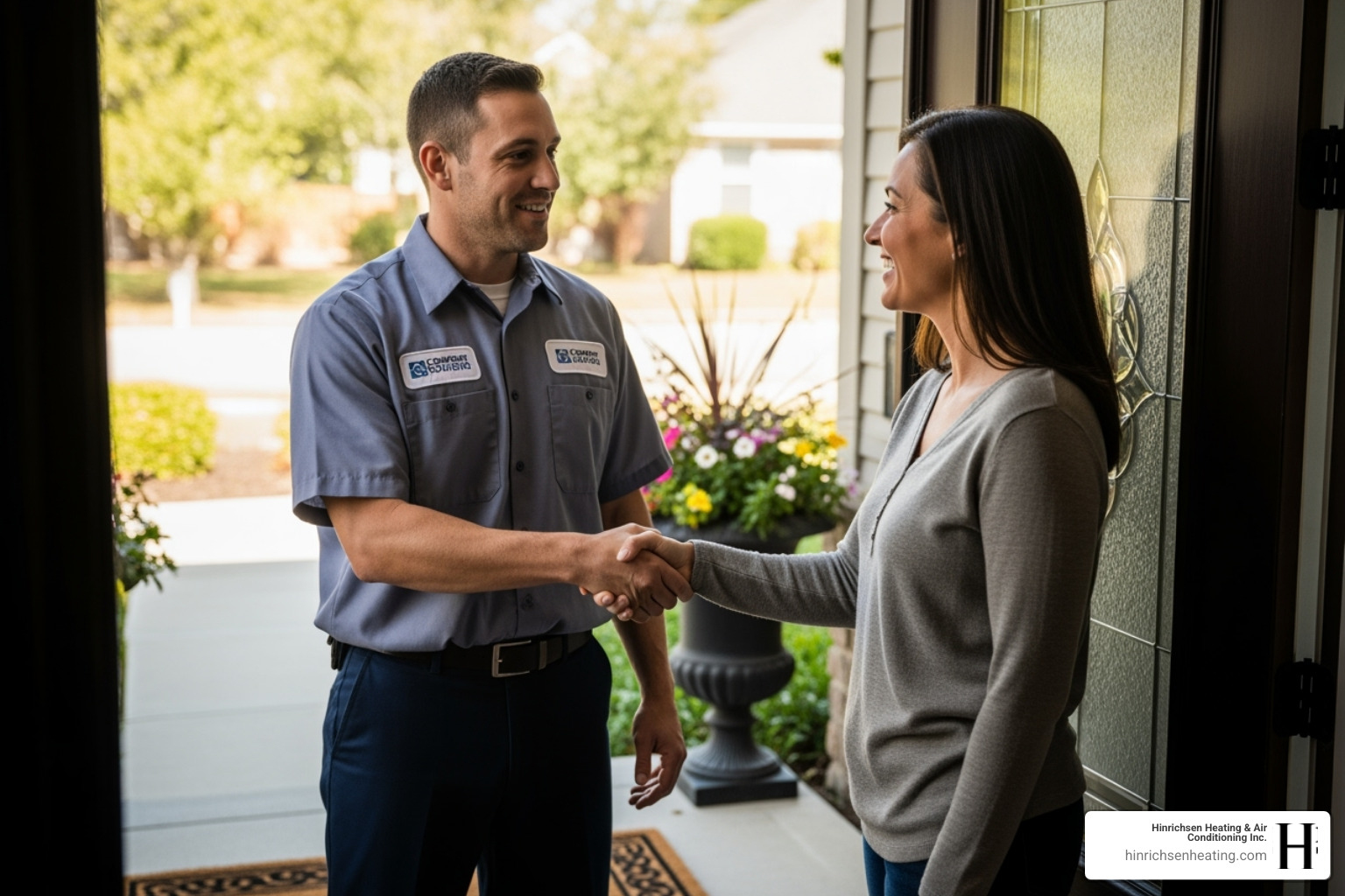 A friendly HVAC technician, dressed in a professional uniform, is shaking hands with a homeowner at the front door. Both are smiling, conveying trust and good service. - emergency furnace repair goodfield il A friendly HVAC technician, dressed in a professional uniform, is shaking hands with a homeowner at the front door. Both are smiling, conveying trust and good service. - emergency furnace repair goodfield il