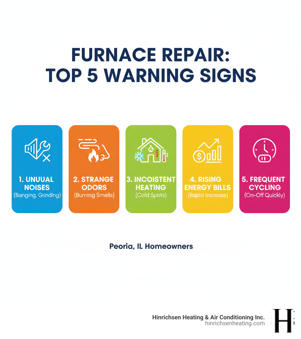 Infographic showing the top 5 warning signs a furnace needs repair: unusual noises like banging or grinding, strange odors especially burning smells, inconsistent heating with cold spots in home, rapidly increasing energy bills, and frequent on-off cycling of the system - furnace repair peoria il infographic  Infographic showing the top 5 warning signs a furnace needs repair: unusual noises like banging or grinding, strange odors especially burning smells, inconsistent heating with cold spots in home, rapidly increasing energy bills, and frequent on-off cycling of the system - furnace repair peoria il infographic