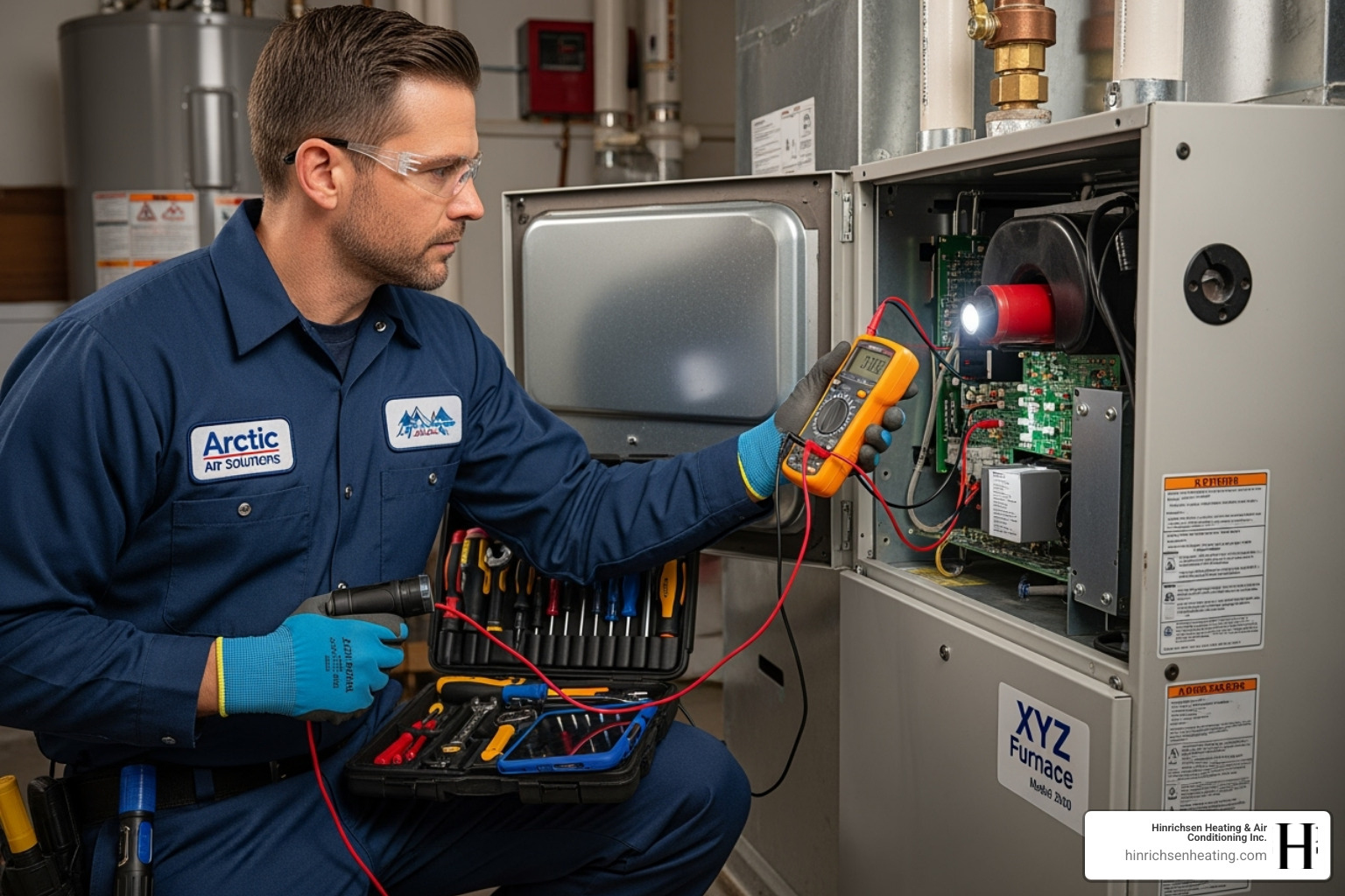 A professional HVAC technician is shown diagnosing a furnace. The technician is wearing a work uniform and is using diagnostic tools to inspect the internal components of the furnace, with a focus on safety and precision. - emergency furnace repair goodfield il A professional HVAC technician is shown diagnosing a furnace. The technician is wearing a work uniform and is using diagnostic tools to inspect the internal components of the furnace, with a focus on safety and precision. - emergency furnace repair goodfield il
