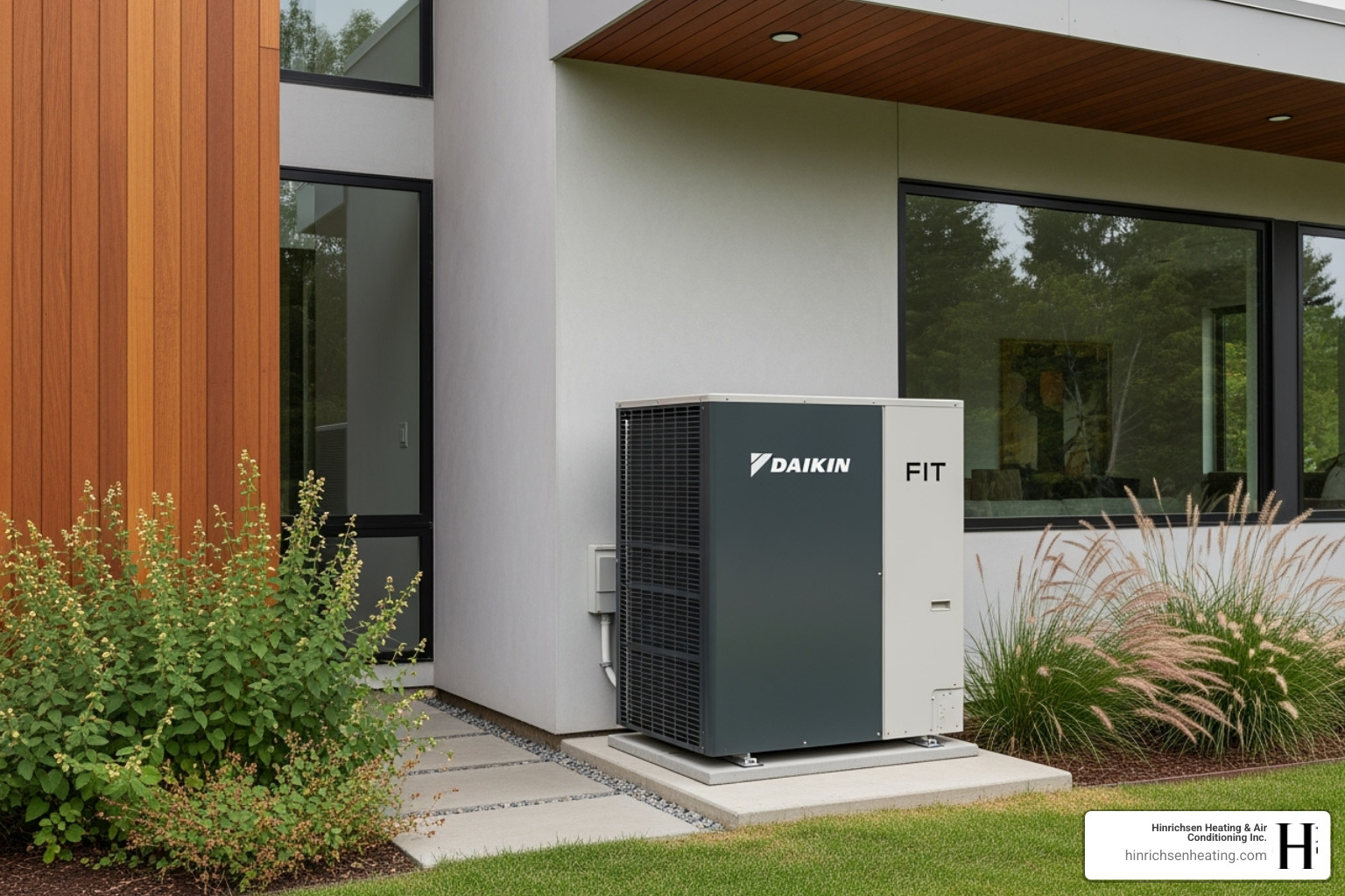 Sleek Daikin FIT outdoor unit next to a modern home - special rebate daikin systems bloomington il Sleek Daikin FIT outdoor unit next to a modern home - special rebate daikin systems bloomington il