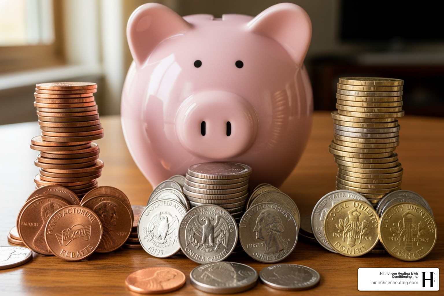 Piggy bank with coins labeled Daikin, Federal, and Utility - special rebate daikin systems bloomington il Piggy bank with coins labeled Daikin, Federal, and Utility - special rebate daikin systems bloomington il