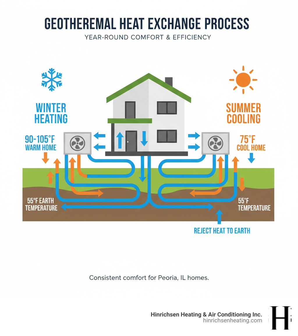 Infographic showing geothermal heat exchange process with underground loop system transferring heat between earth and home, illustrating winter heating cycle and summer cooling cycle with temperature differences - geothermal heating installation peoria il infographic  Infographic showing geothermal heat exchange process with underground loop system transferring heat between earth and home, illustrating winter heating cycle and summer cooling cycle with temperature differences - geothermal heating installation peoria il infographic