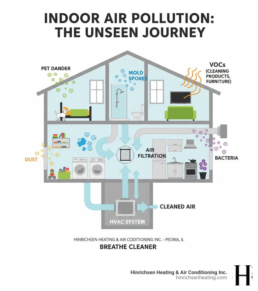 Infographic showing how indoor air pollutants like dust, pet dander, mold spores, VOCs, and bacteria circulate through a home's HVAC ductwork system, with arrows indicating airflow patterns and common pollutant sources in different rooms - air purifier installation peoria il infographic 