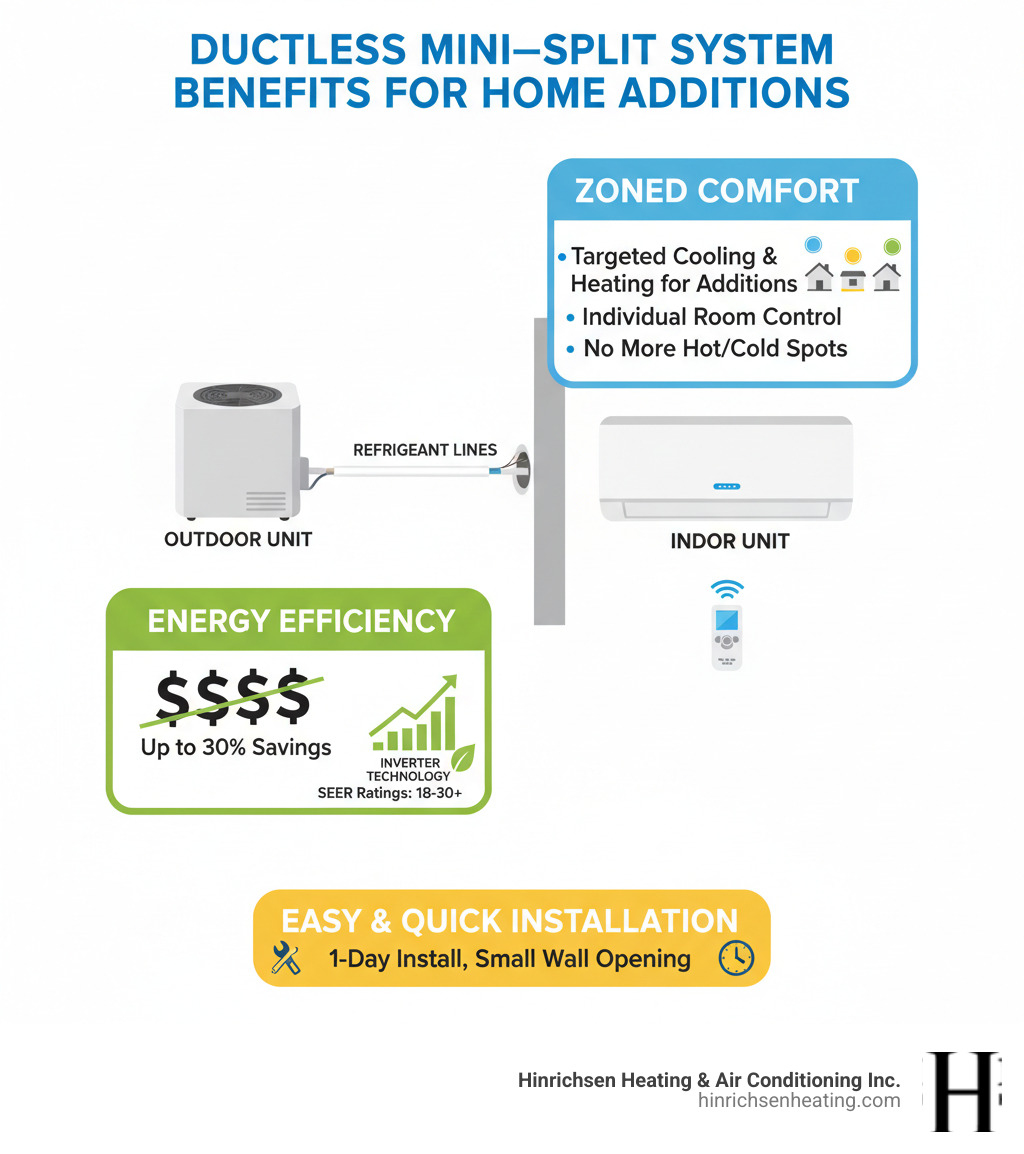 Infographic showing ductless mini-split system components: outdoor condenser unit connected via refrigerant lines through small wall opening to indoor air handler with remote control, highlighting energy efficiency ratings and zoned comfort benefits for home additions - ductless ac for home addition bloomington il infographic  Infographic showing ductless mini-split system components: outdoor condenser unit connected via refrigerant lines through small wall opening to indoor air handler with remote control, highlighting energy efficiency ratings and zoned comfort benefits for home additions - ductless ac for home addition bloomington il infographic
