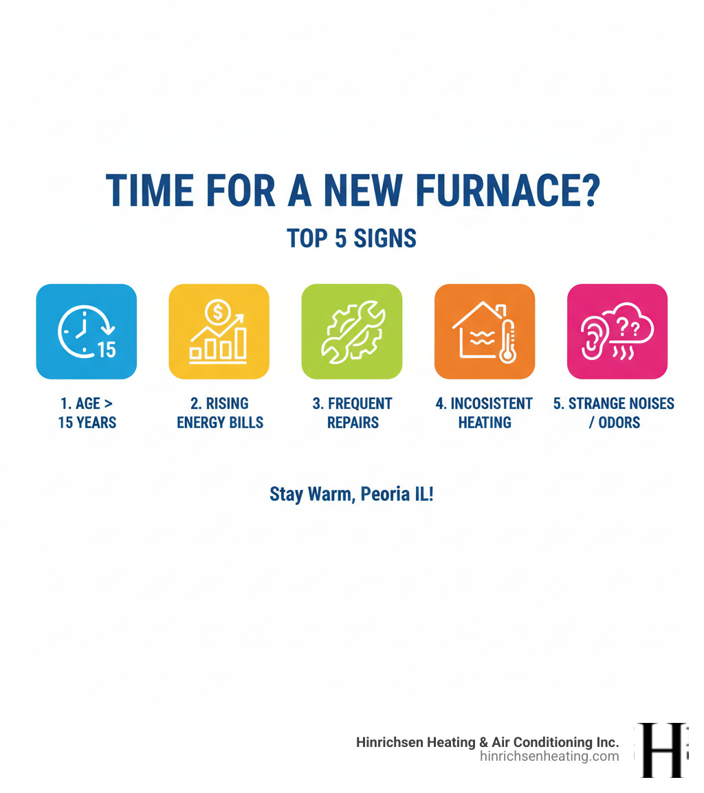 Infographic showing the top 5 signs you need a new furnace: furnace age over 15 years, rising energy bills, frequent repairs needed, inconsistent heating throughout home, and strange noises or odors from the system - furnace installation peoria il infographic Infographic showing the top 5 signs you need a new furnace: furnace age over 15 years, rising energy bills, frequent repairs needed, inconsistent heating throughout home, and strange noises or odors from the system - furnace installation peoria il infographic