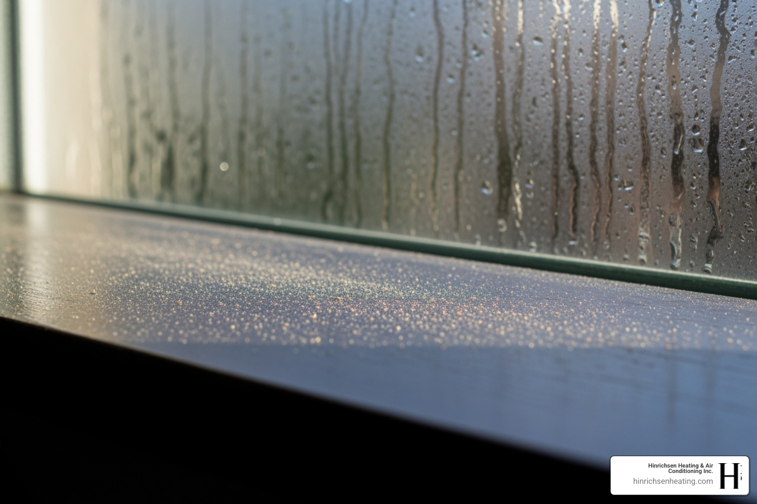 Image of dust collecting on a dark wooden surface, with a window showing condensation in the background - air purifier installation peoria il