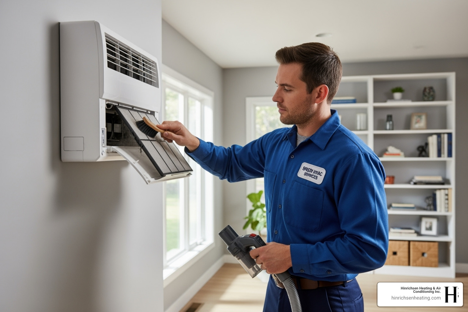 Technician cleaning the filter of an indoor ductless unit - ductless ac for home addition bloomington il Technician cleaning the filter of an indoor ductless unit - ductless ac for home addition bloomington il